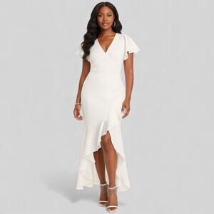 Lulus Eternal Bond Maxi Dress Womens 1X White Satin Ruffle Flutter Sleeve Event